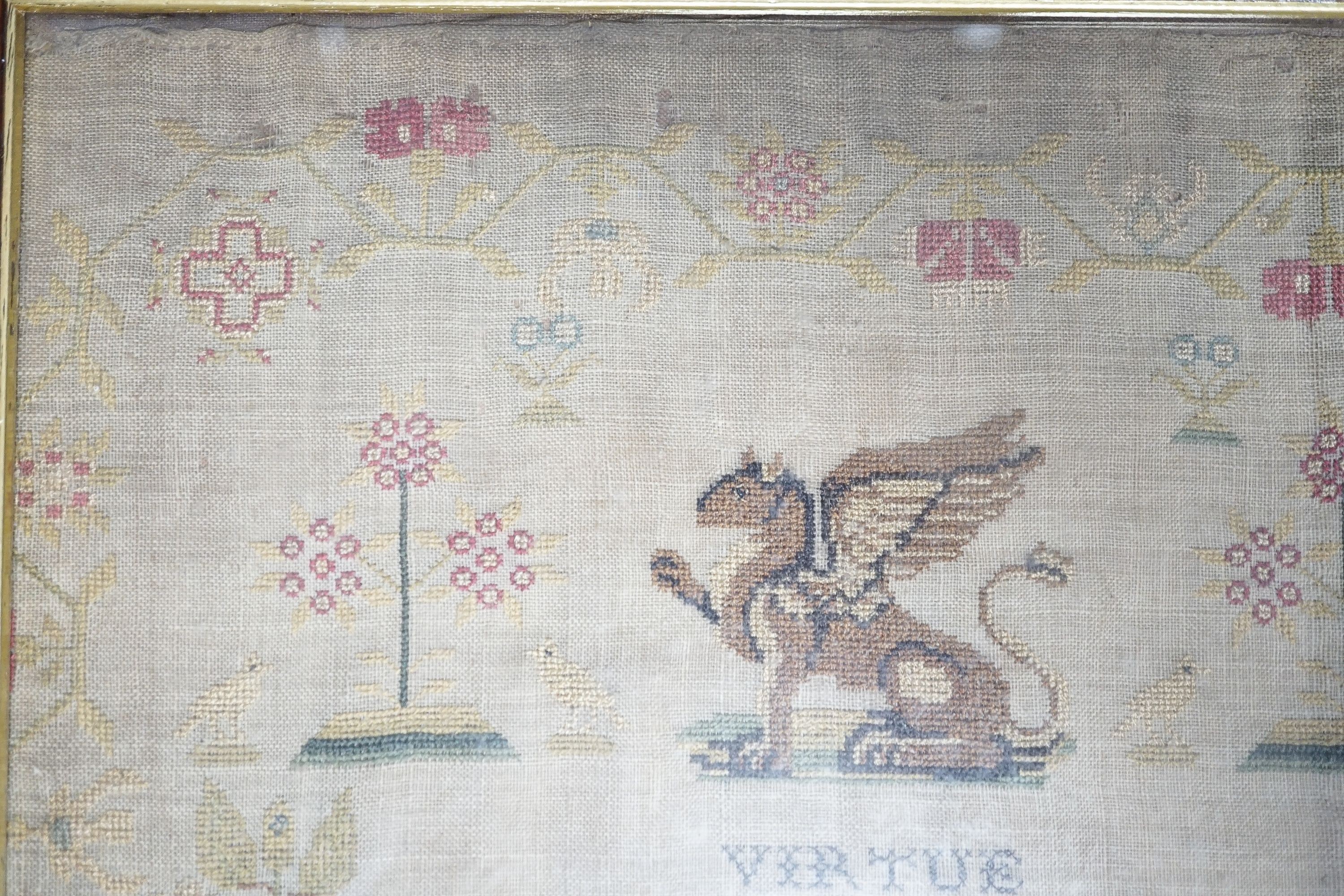 A George IV sampler dated August 12th 1828 titled ‘Virtue’ by Elizabeth Dane, framed 35x27cm